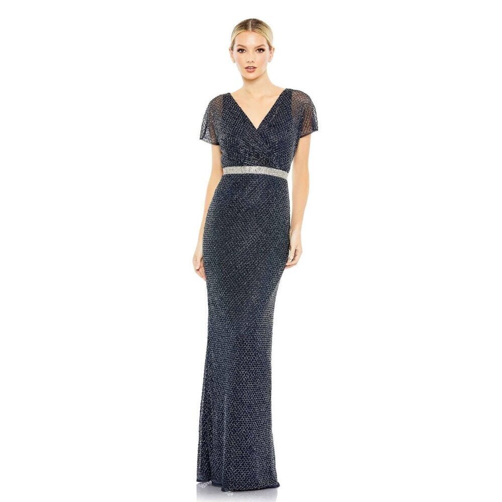 Mac Duggal Beaded Short Sleeve Column Gown 24 Midnight #8255